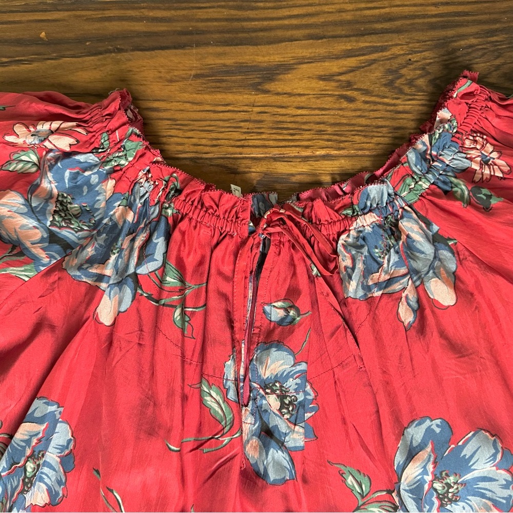 THE GREAT. Red Floral Puff-Sleeve silk Blouse - Picture 6 of 10